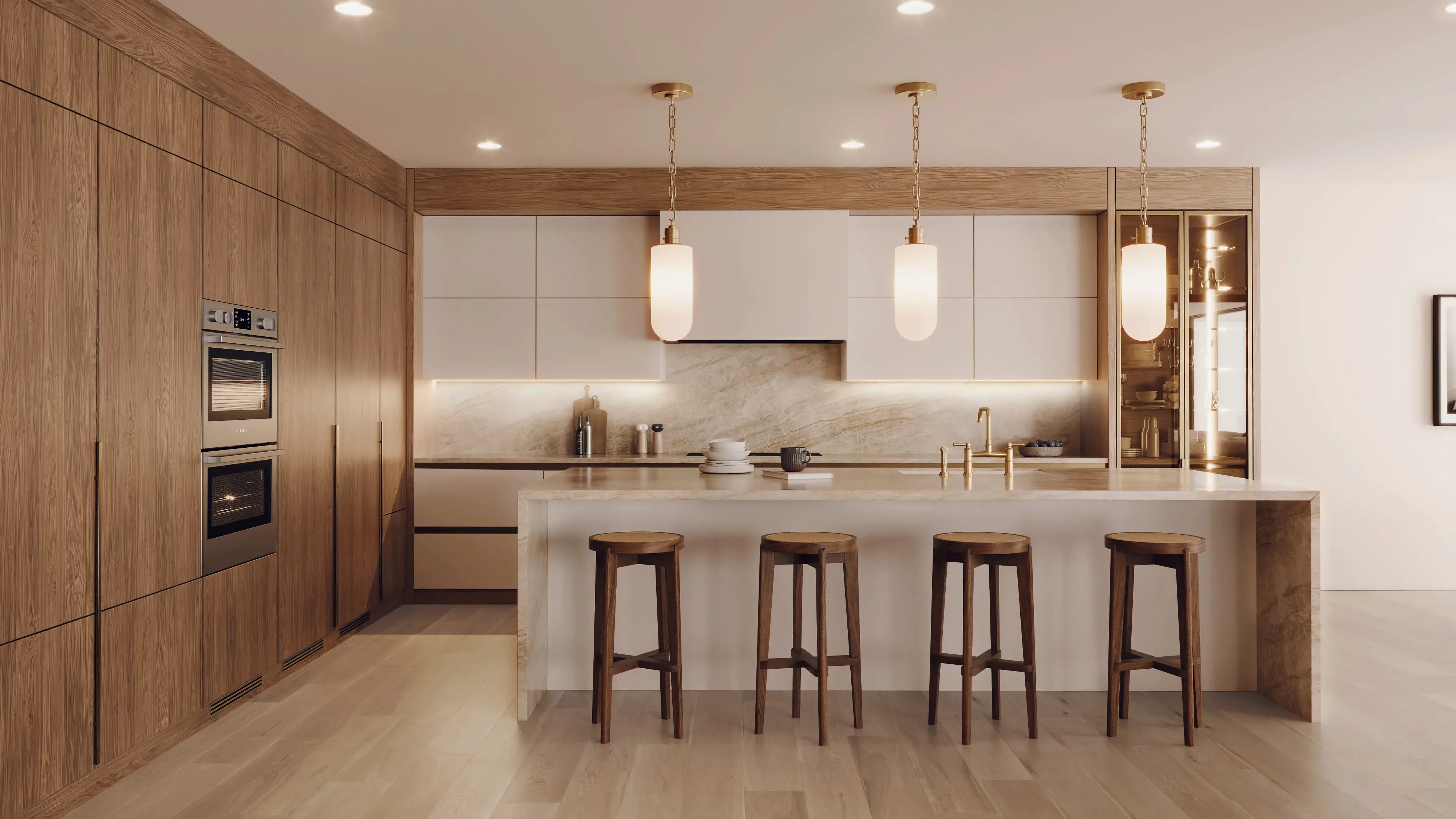 3D design rendering of a modern kitchen with full-height oak cabinetry, a stone island with seating, and brass pendant lighting