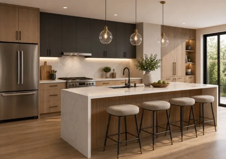 3D design rendering of a kitchen with light oak and dark upper cabinetry, a fluted island with a marble waterfall countertop, and glass pendants